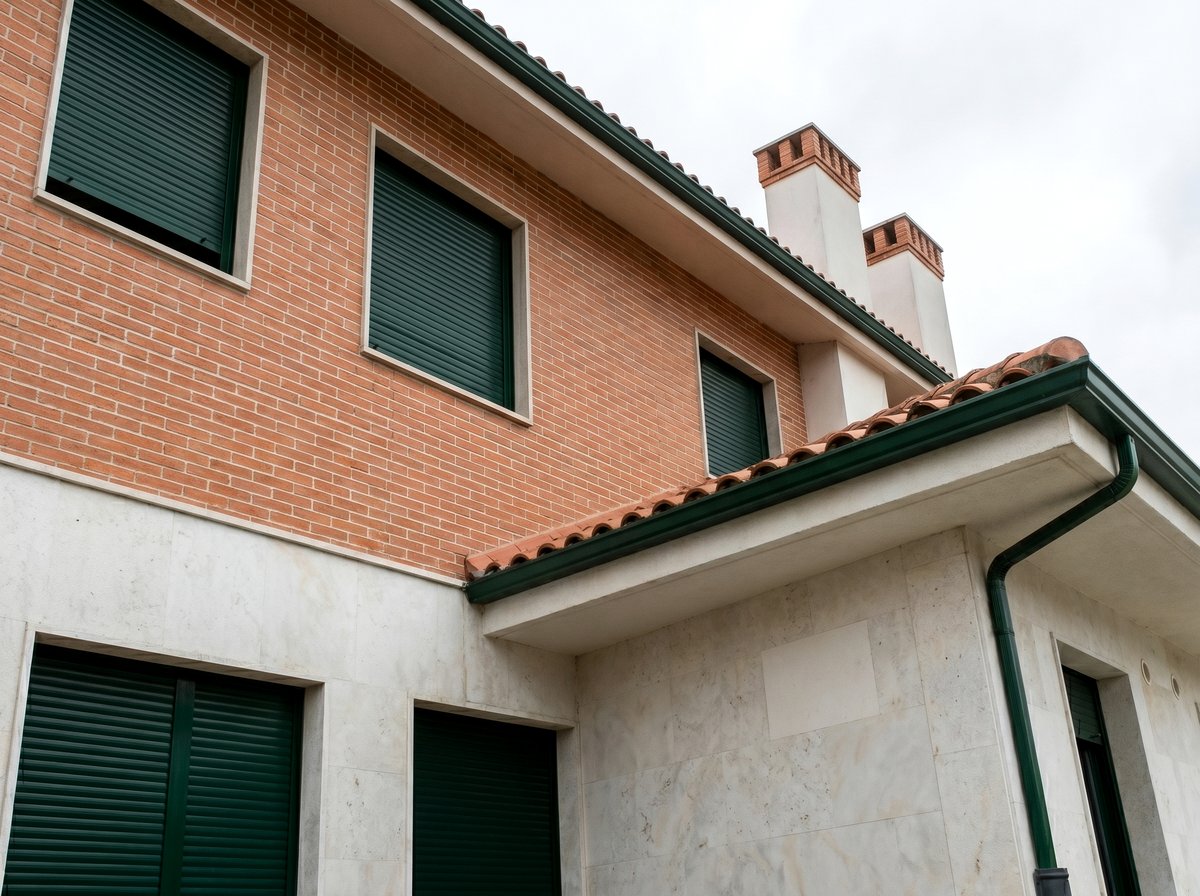 Detalle de fachada con ladrillo caravista y carpinterías verde oscuro, Adosados El Canto