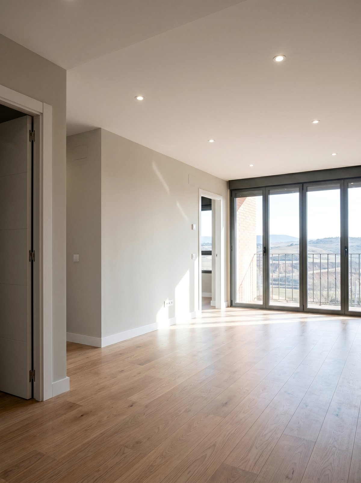 Interior de vivienda con tarima de roble y mirador con vistas al paisaje, Adosados El Canto