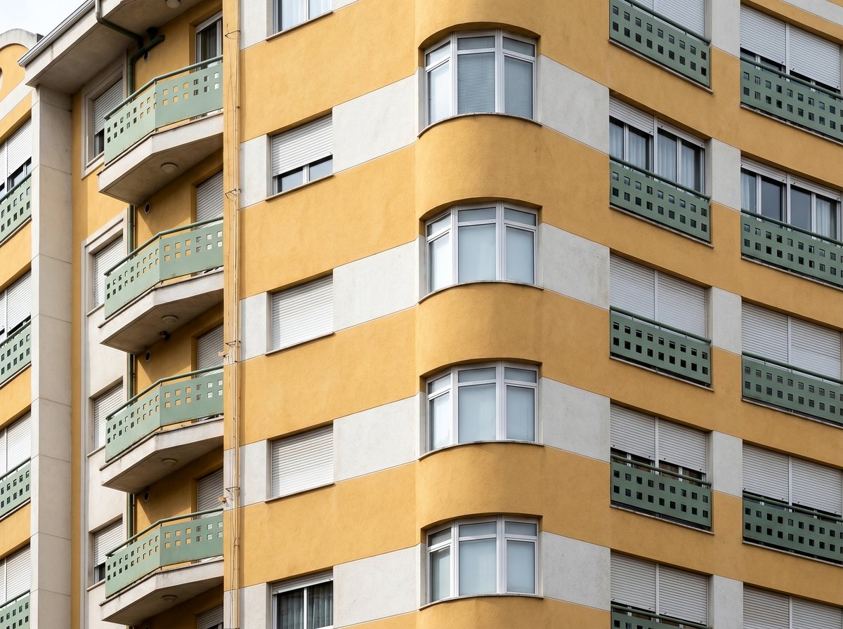 Detalle de los miradores curvos del Edificio Cardenal Cisneros, Zamora