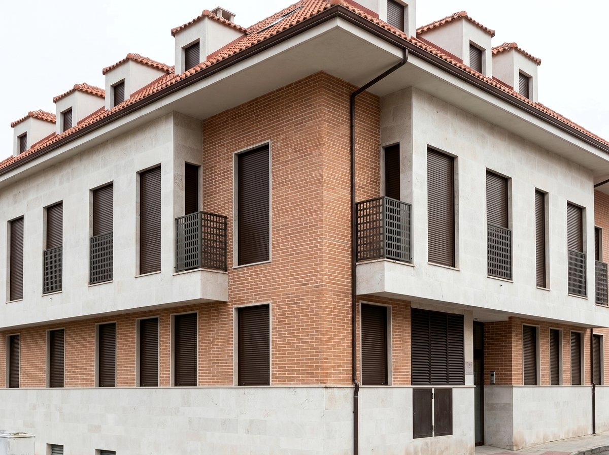 Esquina del bloque La Ermita con mansardas y balconadas, Arroyo de la Encomienda
