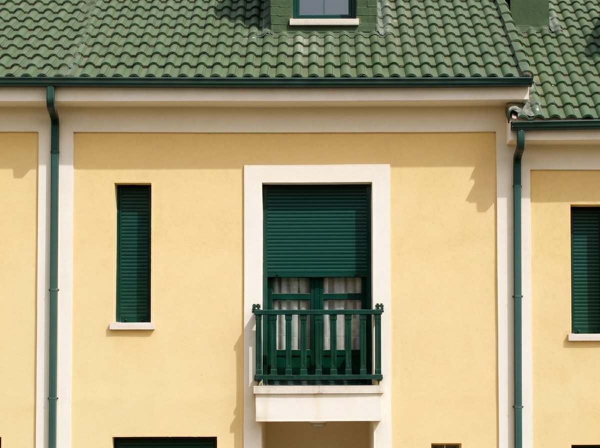 Detalle de balcón verde sobre paño de estuco crema con cubierta de teja vidriada, Residencial Vista Alegre