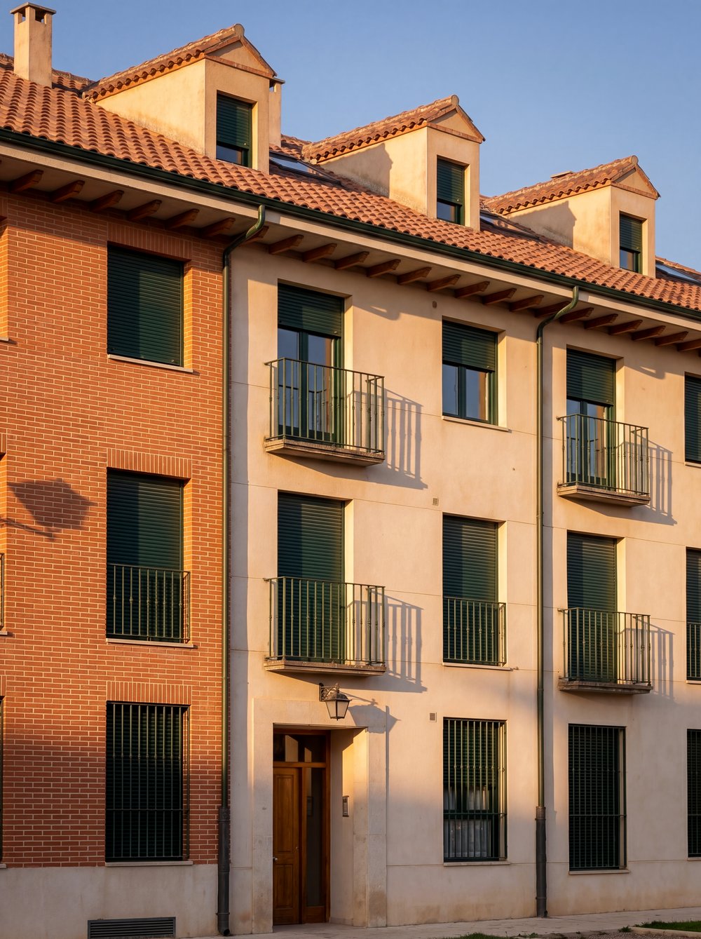 Edificio residencial proyectado por Artec en Castilla y León, fachada al atardecer